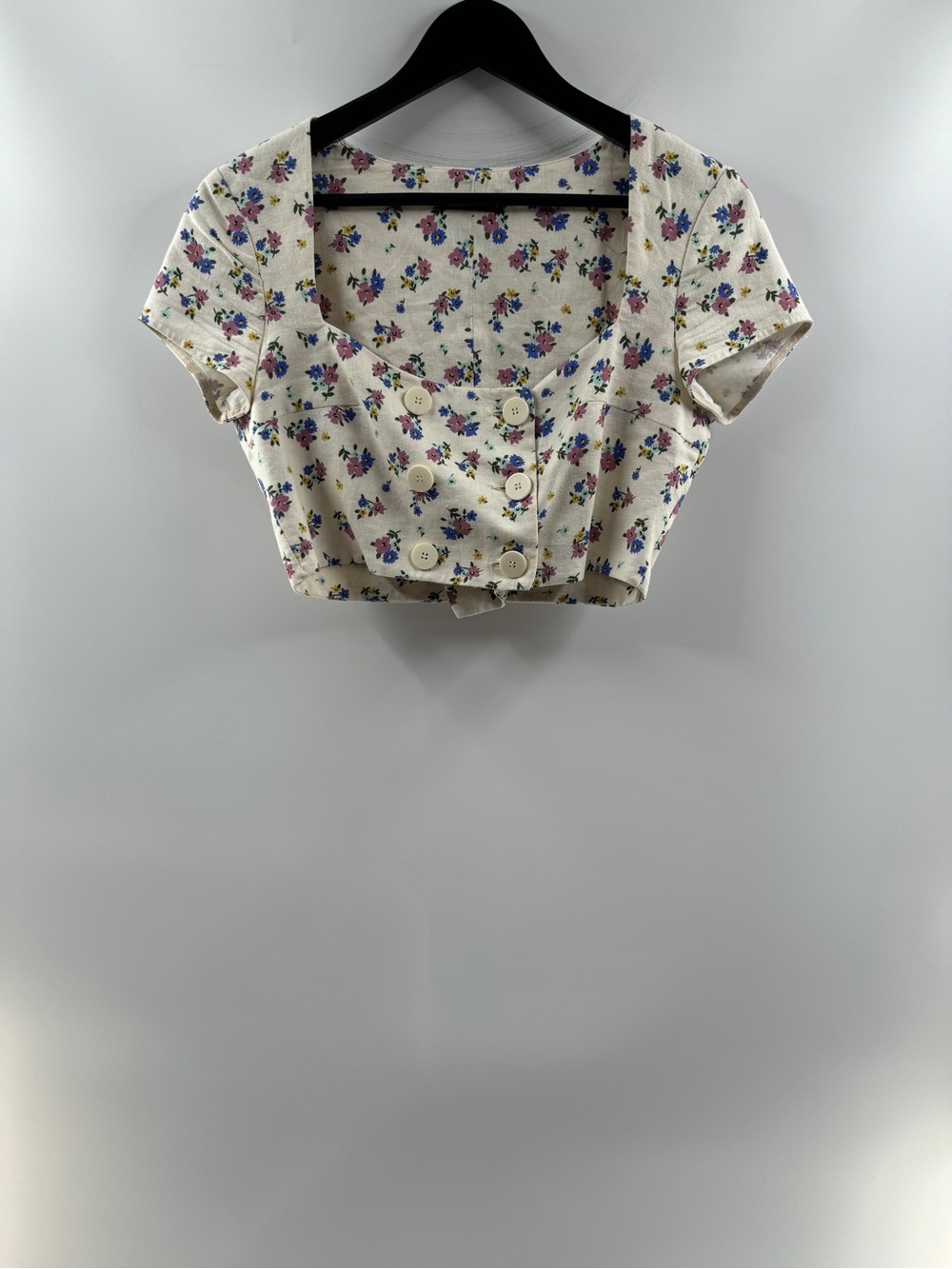 Zara Linen Blend Floral Crop Top Women’s Small Square Neck Button Front